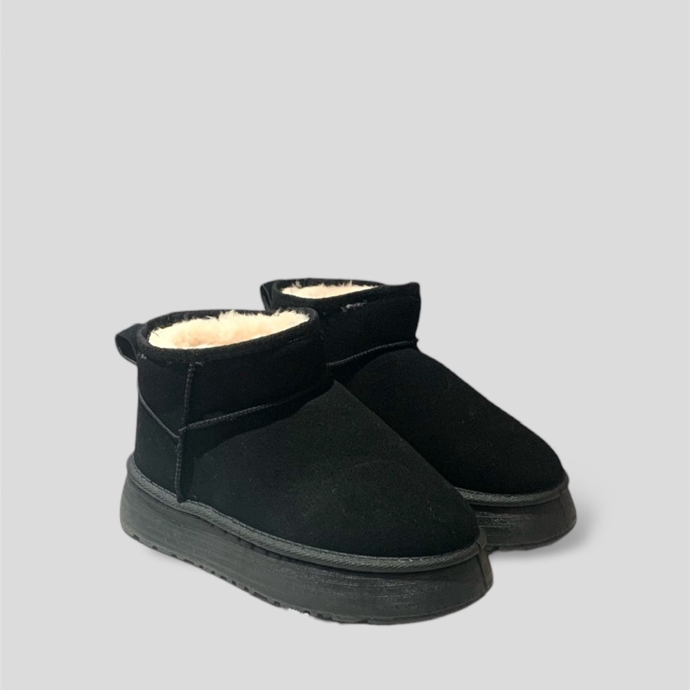Women’s Ultra Mini Platform Faux Fur Lined Boots in Black Faux Suede, US 7